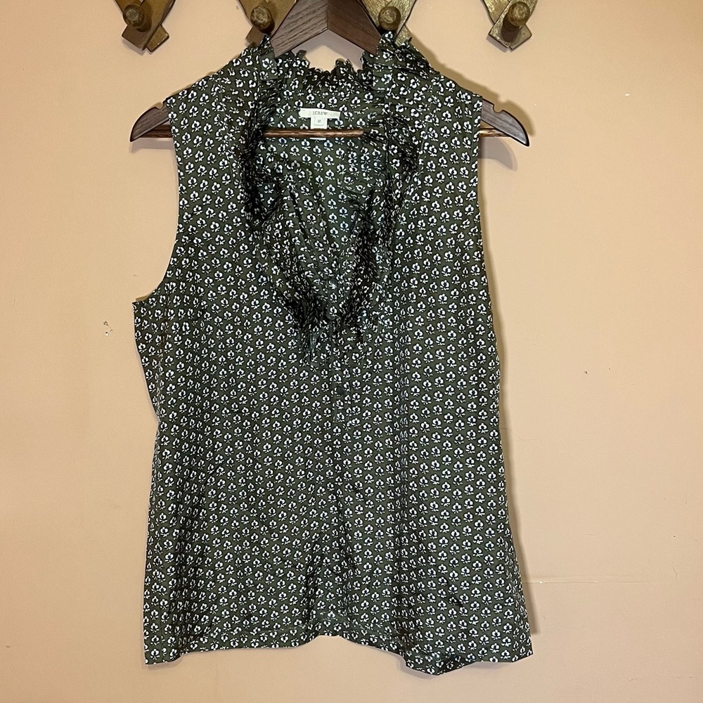 J. Crew Olive Green Floral Print Silk Blouse with Ruffle Collar